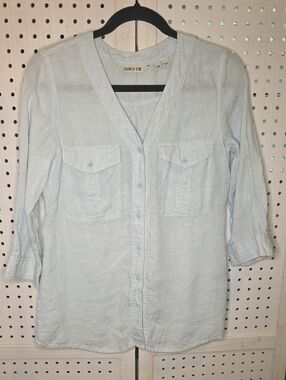 Orvis Pale 100% Linen Blue V-Neck Button Front Shirt 3/4 Sleeves XS